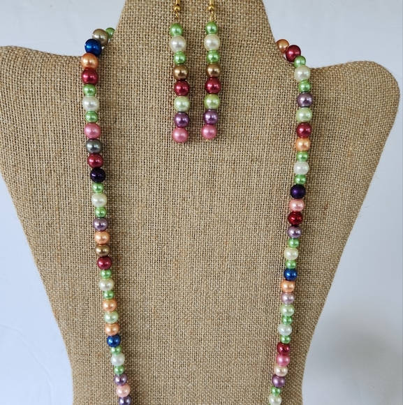 Hand Crafted Jewelry - Hand Crafted Multicolor Pearl Necklace and Earring Set Rainbow
